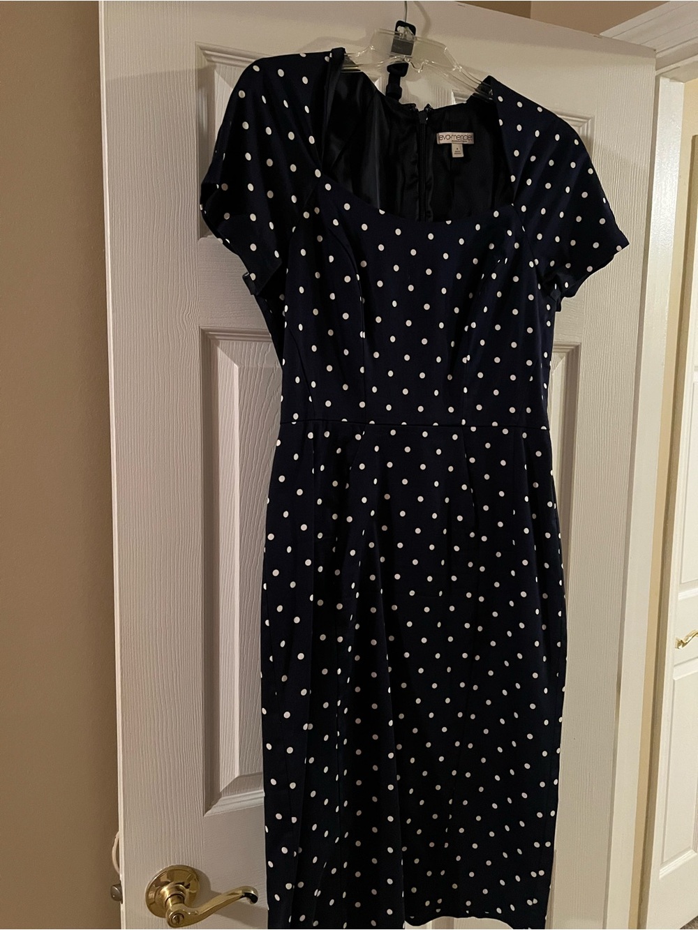 eva mendes for New York & Company Navy and White Polka Dot Midi Dress